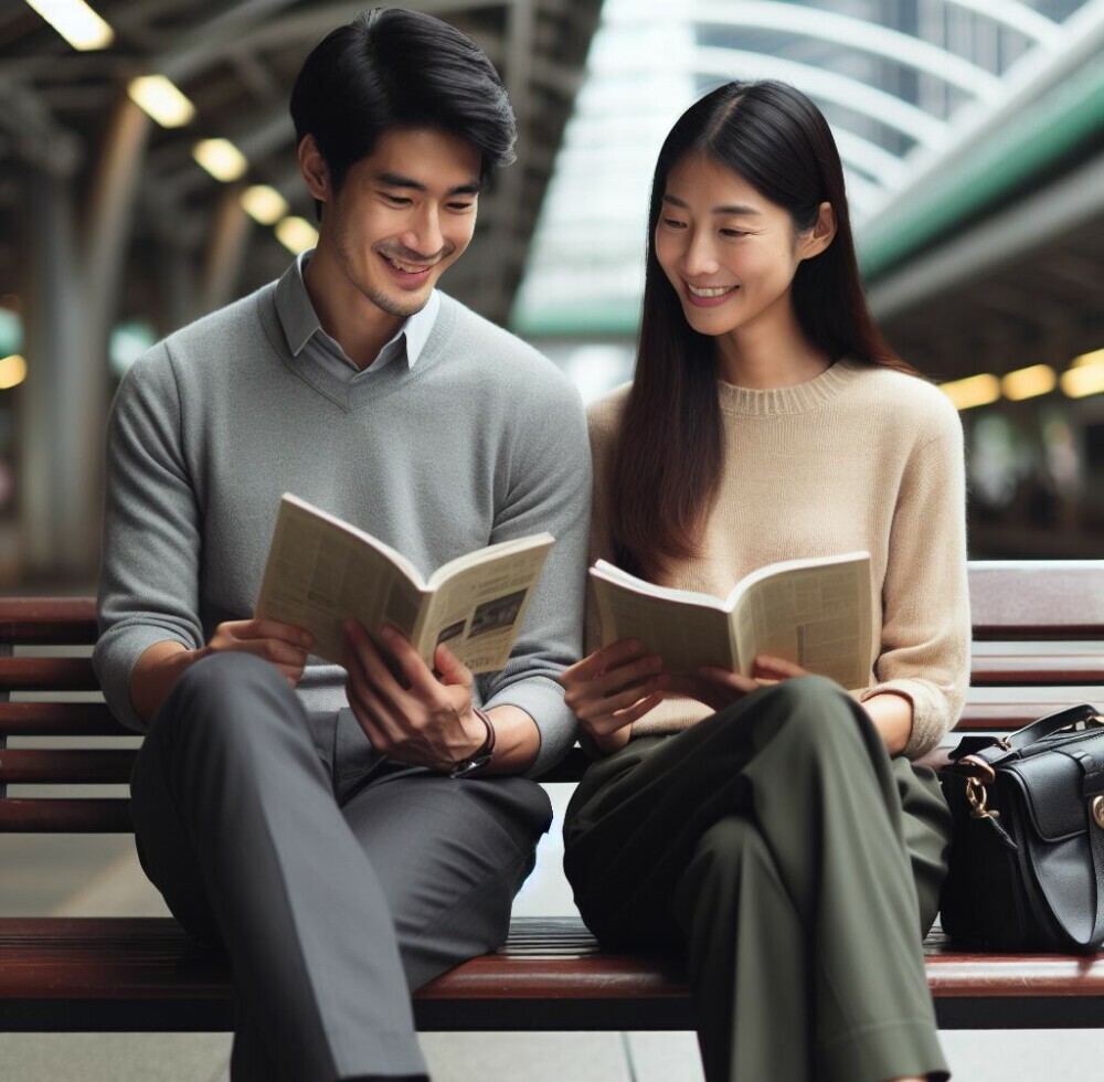 A couple sitting on a bench reading