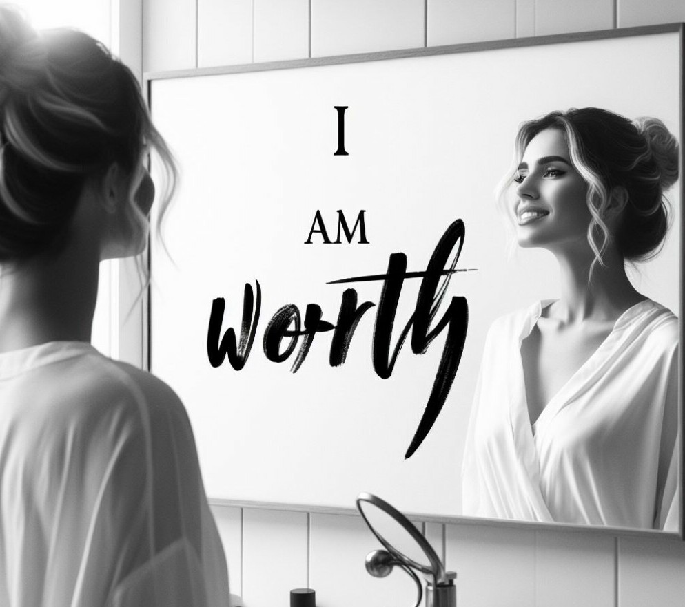 A lady looking at herself in the mirror with the words I am worthy written on it