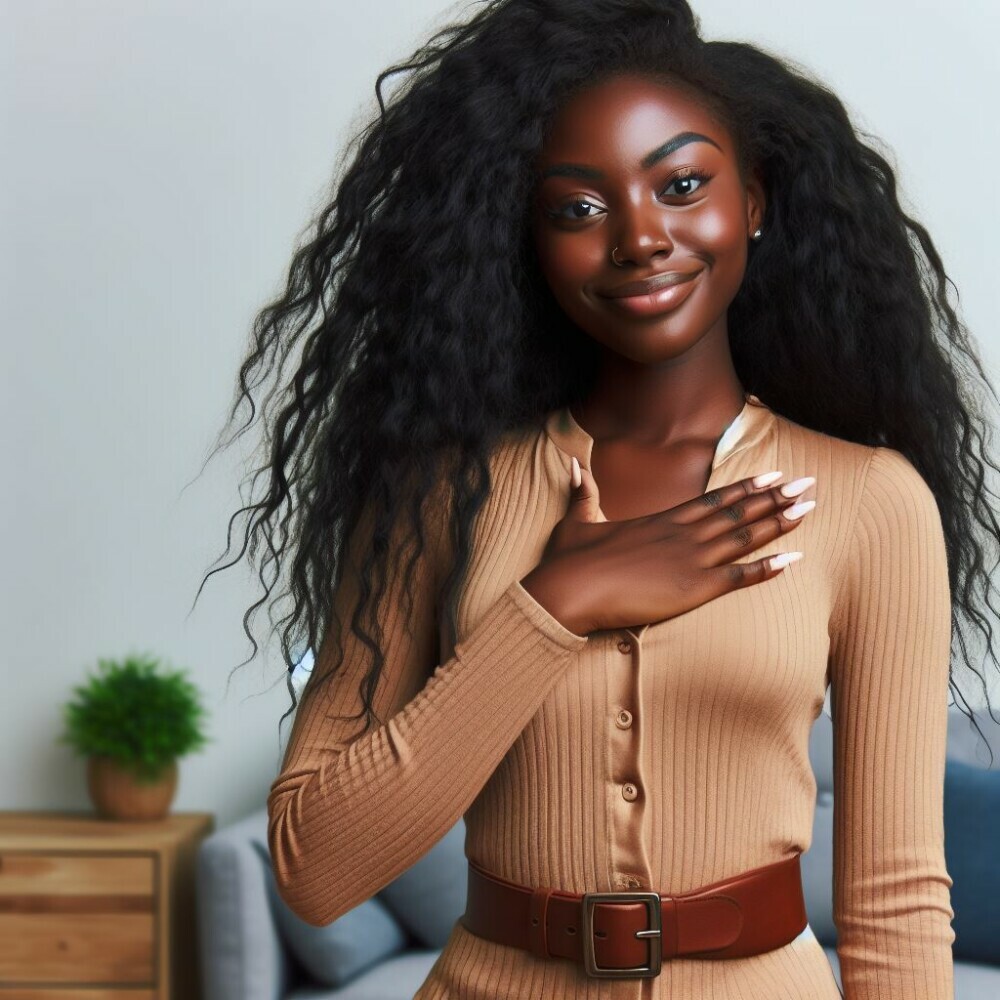 A very pretty black young lady with her hand on her heart showing she believes in herself