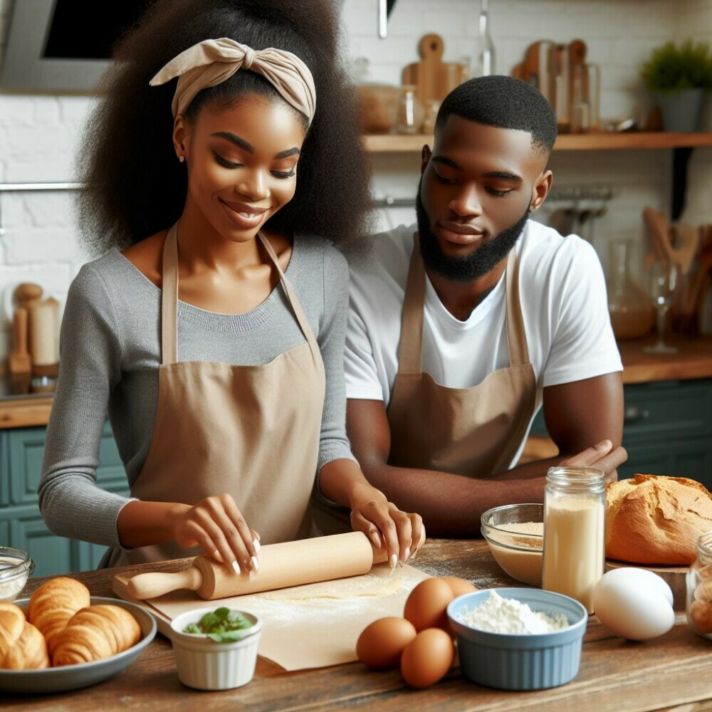 A young couple with the lady baking and the husband looking over at what she’s doing 