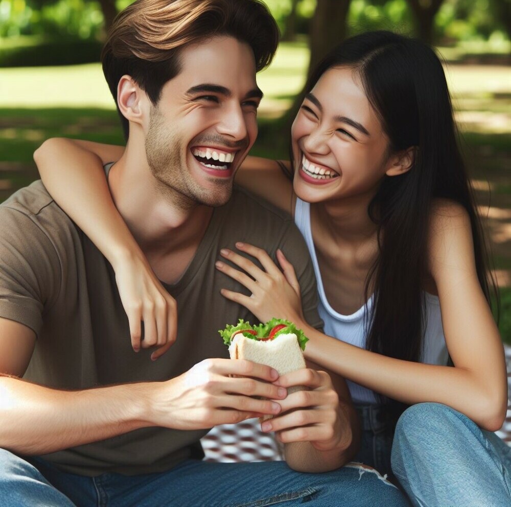 A couple sitting in a park laughing heartily 