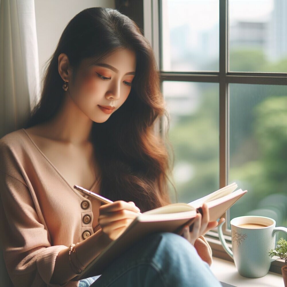 A young lady itting by the window journaling and with a cup of tea