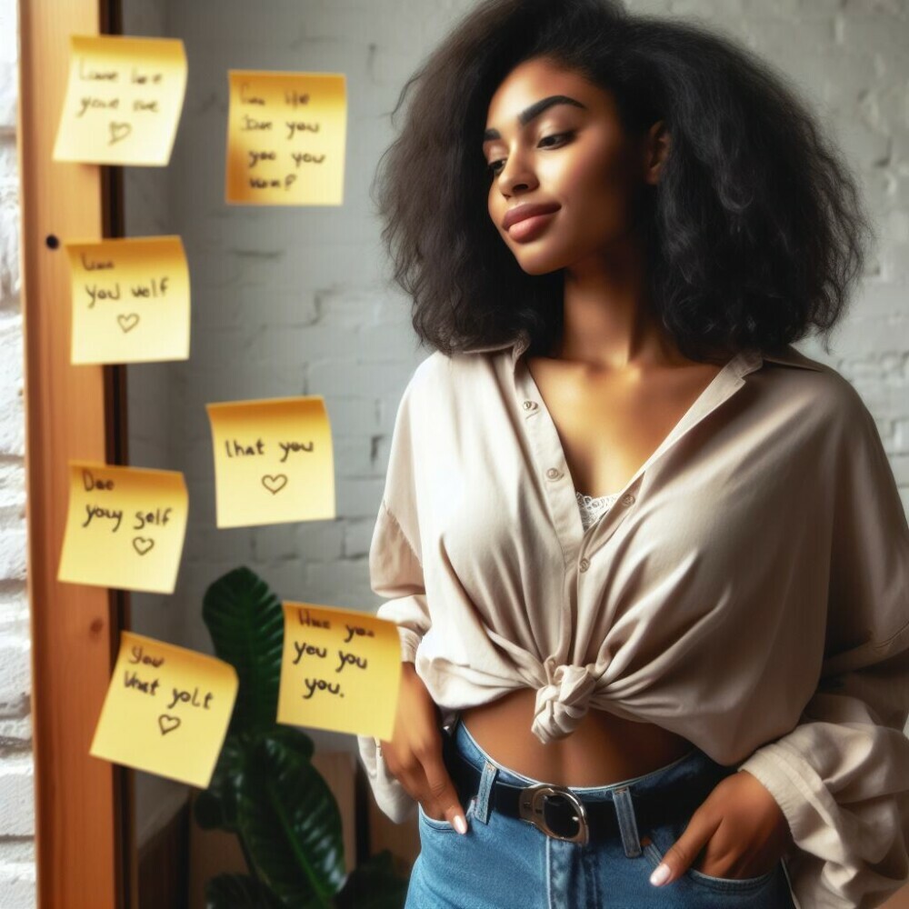 A girl looking at affirmations pasted on a mirror