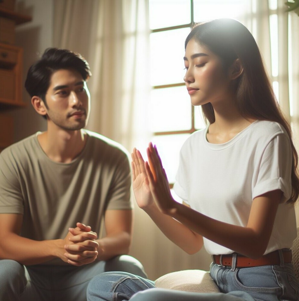 Young couple having a discussion and the man listening