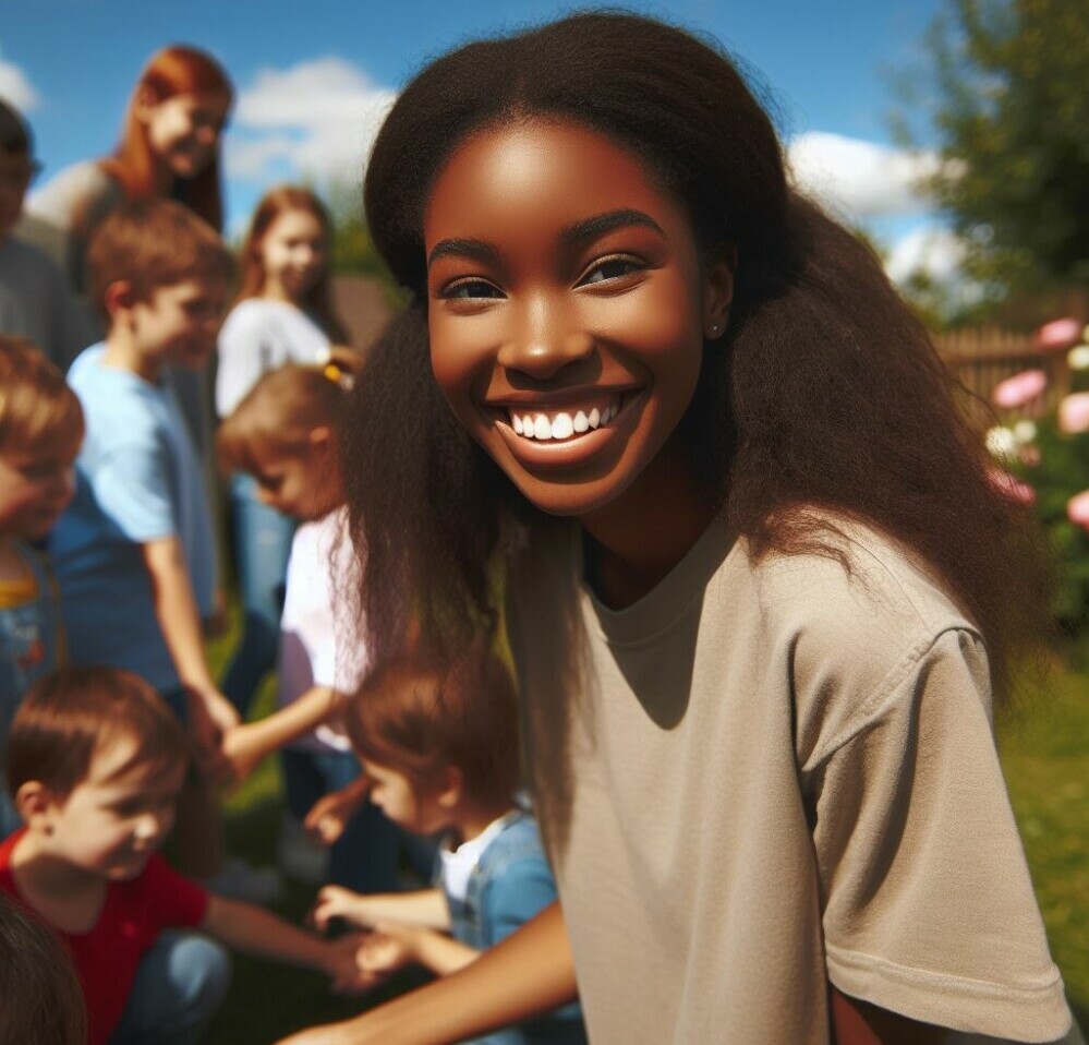 Young girl looking toards the camera smiling surrounded by a group of children 