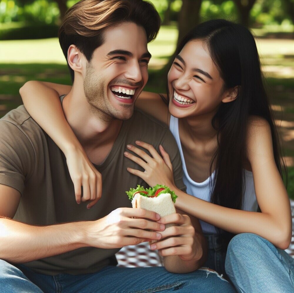 A couple sitting outside in the park laughing and having fun