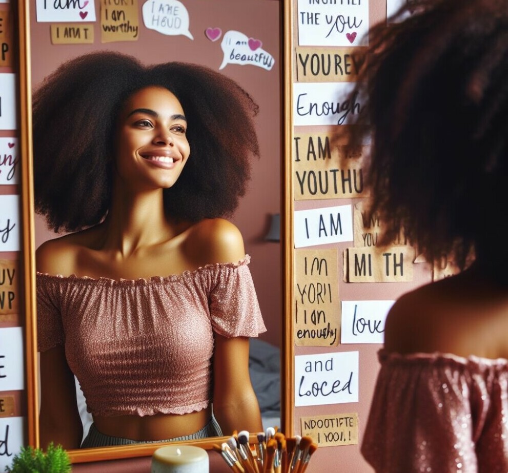 A black lady smiling in a mirror with words of affirmation on the walls