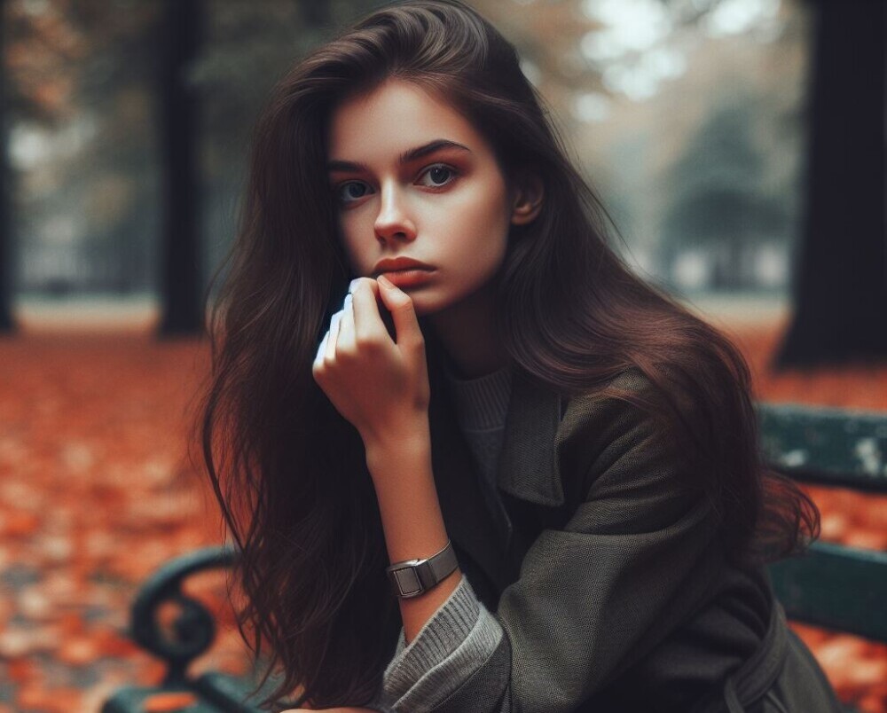 girl sitting on a bench looking serious