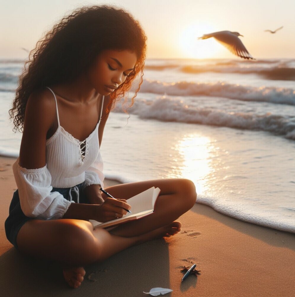 Young black lady sitting at a beach with her journal