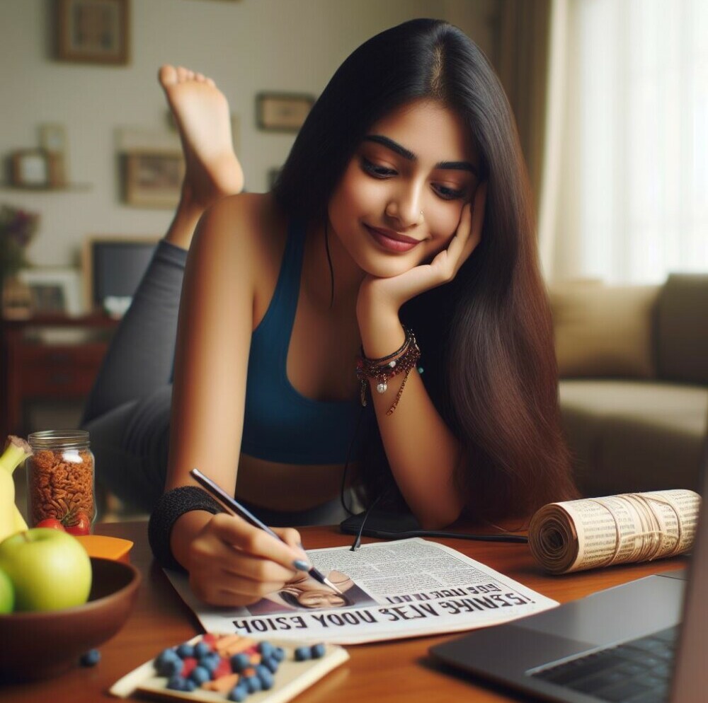 Girl lying on a table doodling in a newspaper