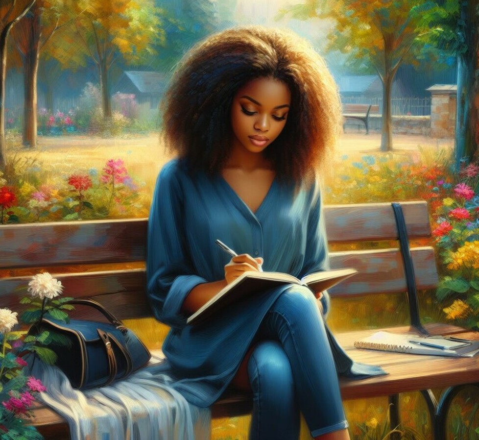 Young lady sitting on a bench in the park journaling