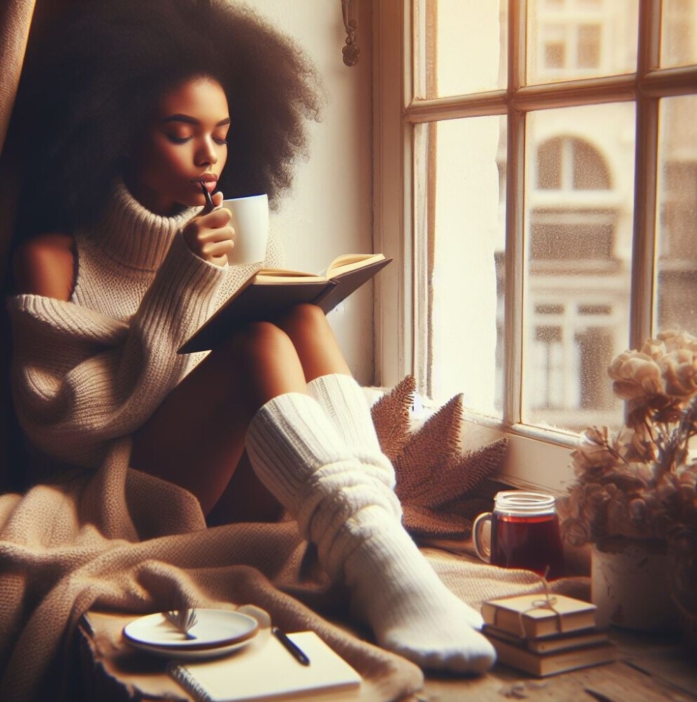 Girl in a cozy corner sitting by the window drinking a cuo of tea