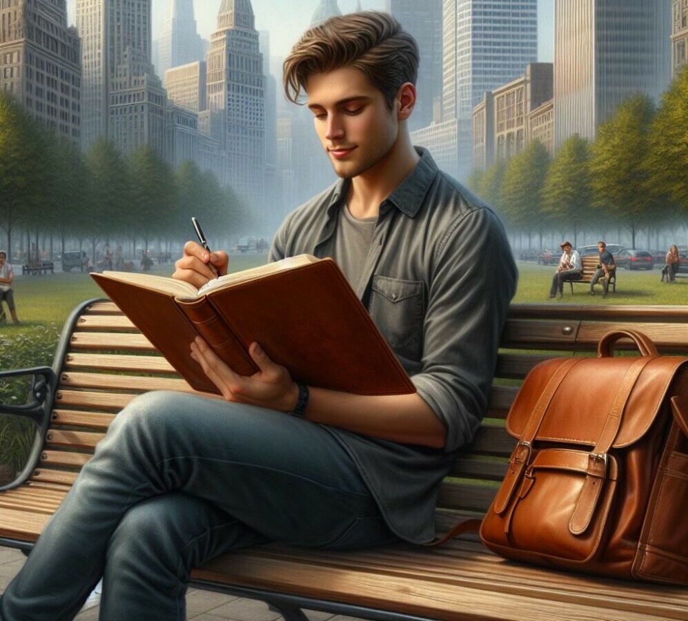 Young man sitting on a bench in a park with an open journal and a pen