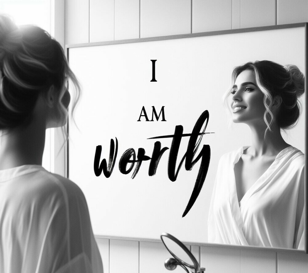 A woman looking in a mirror with the words I am worthy written on