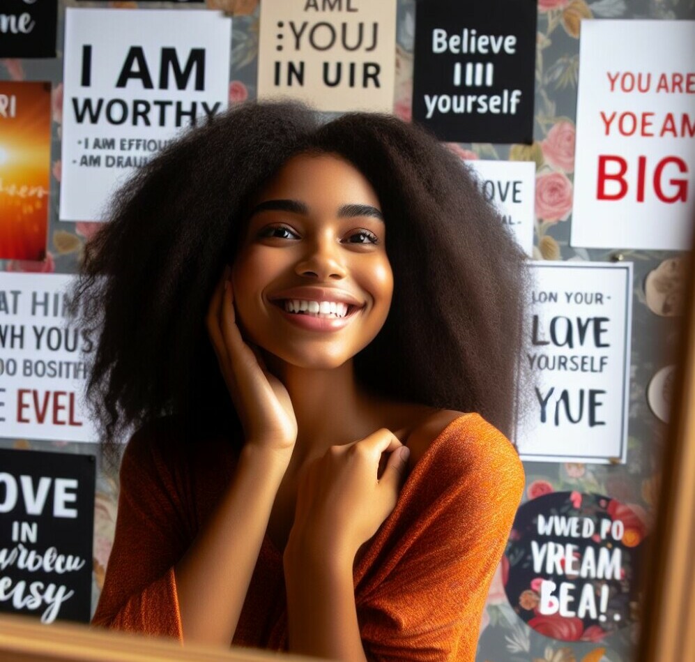 A young lady smiling to us with words of affirmation written behind her