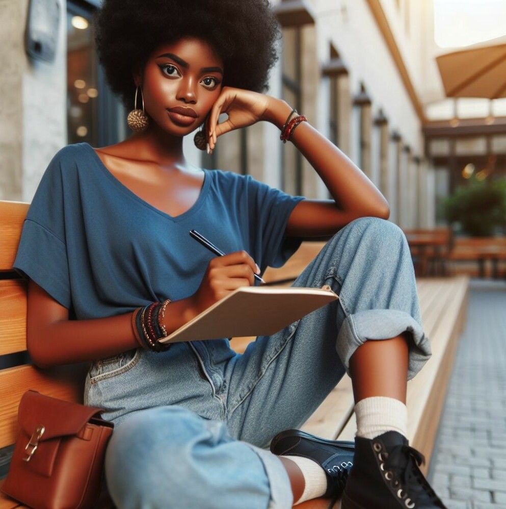 Young black girl sitting on a bench with a journal 