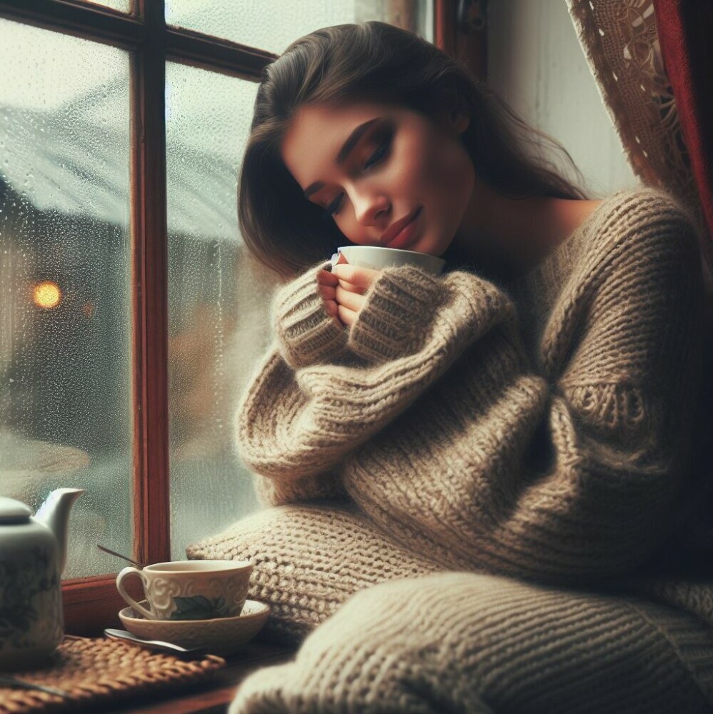 A lady sitting by the window pane with a cup of tea in hand