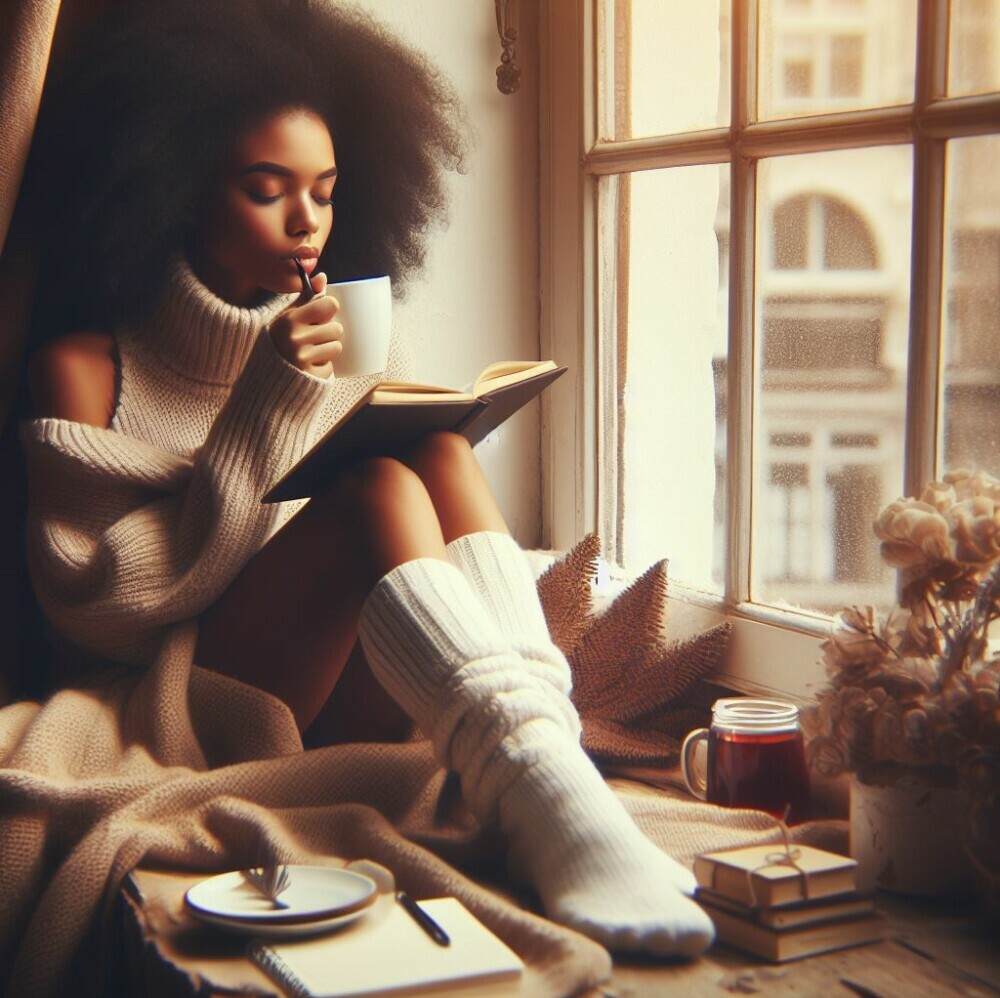 A young black lady sitting by the window sipping a cup of tea and journaling