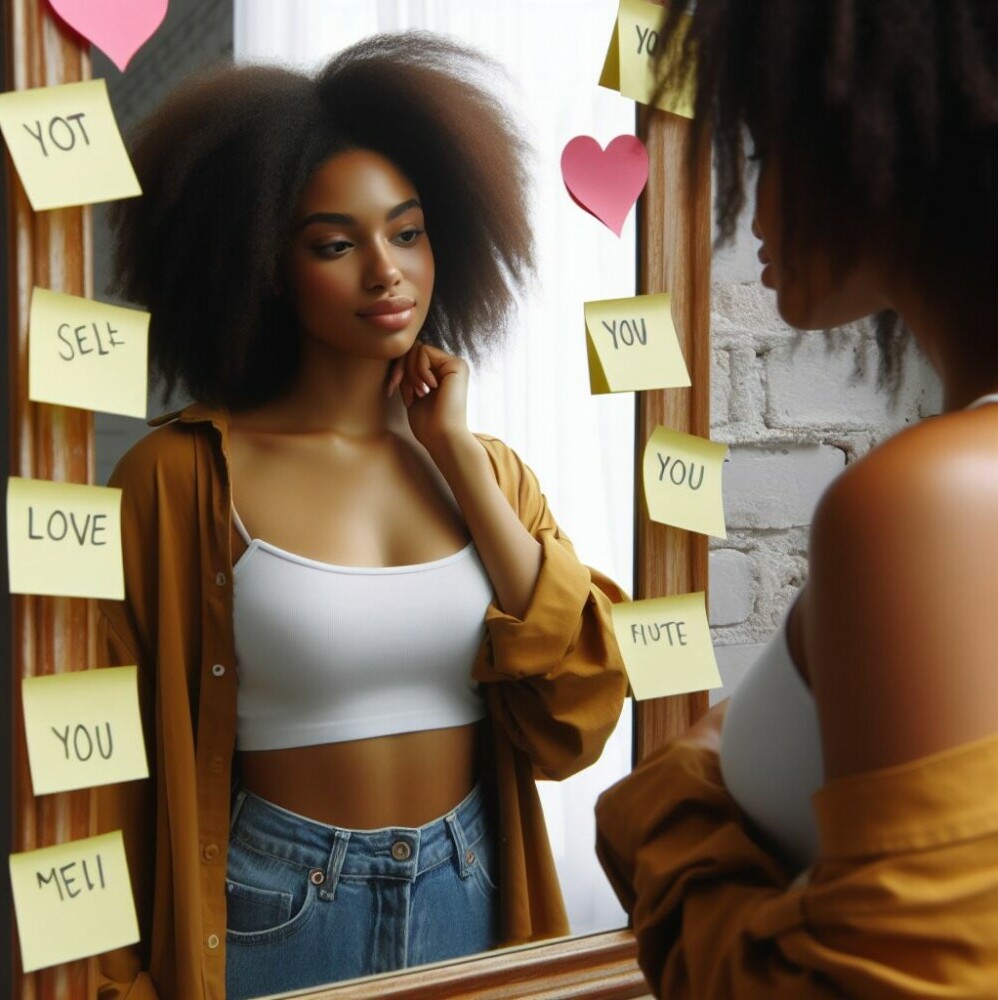 A young black lady looking in the mirror with admiration of herself and affirmations sticking on the mirror