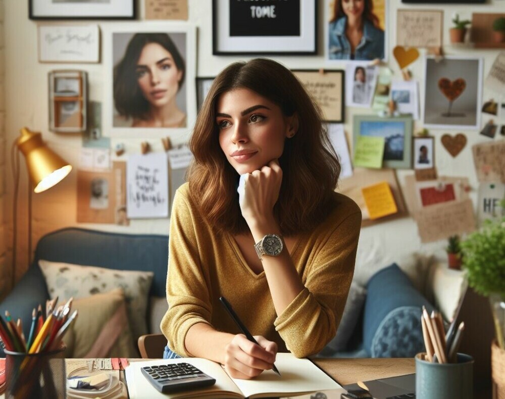 Girl sitting at a desk in a reflective mood