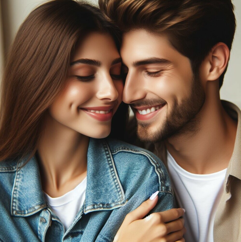 A couple in a loving smiling at eact other pose 