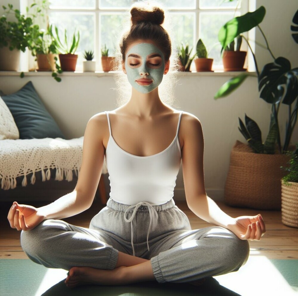 A young lady in a meditative posture and a face mask on 