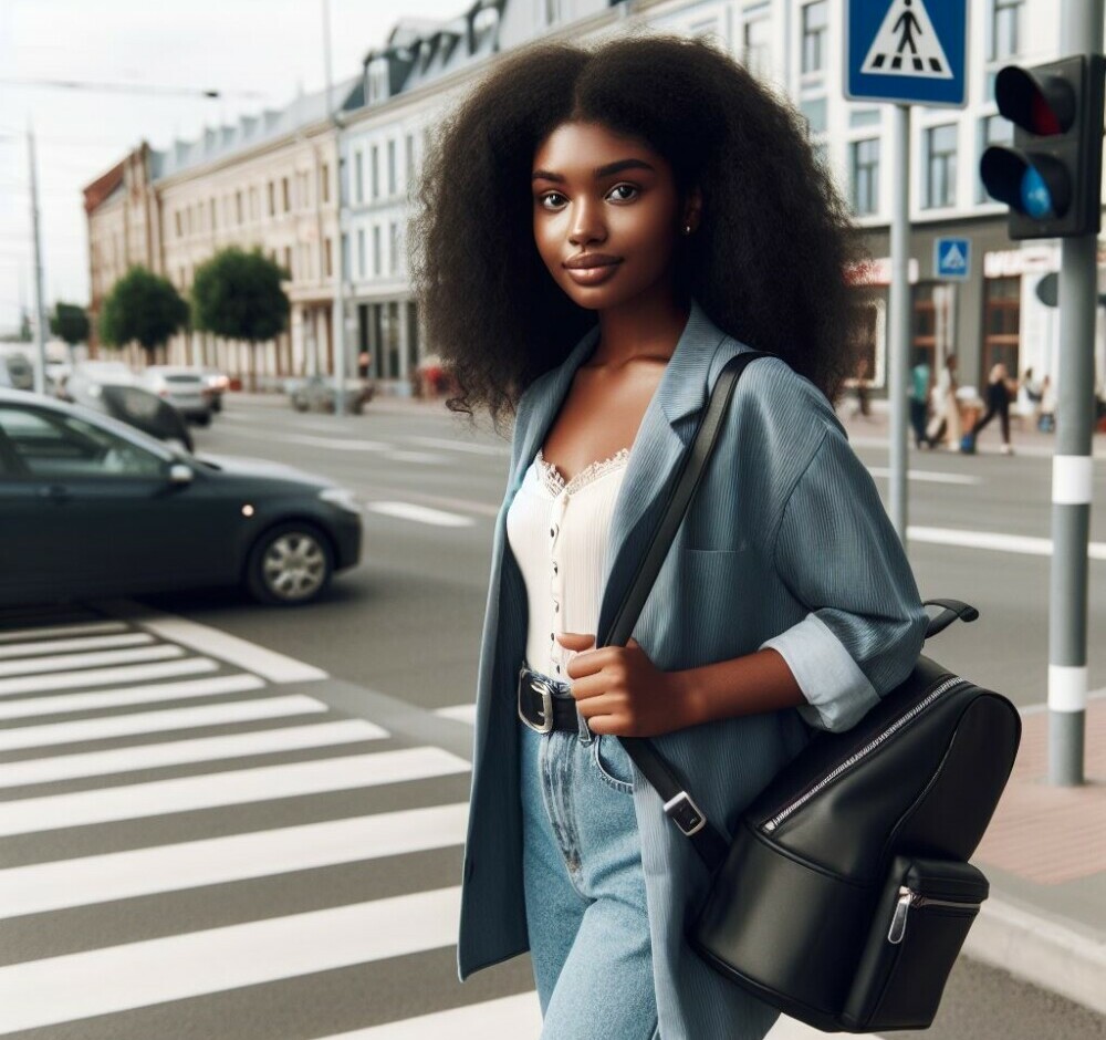 Young black lady standing at the pedestrian crossing looking away with a smile