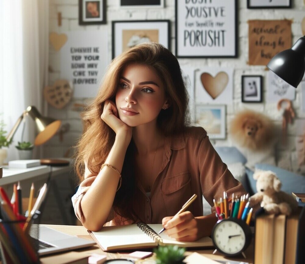 Girl journaling and sitting in a reflective way