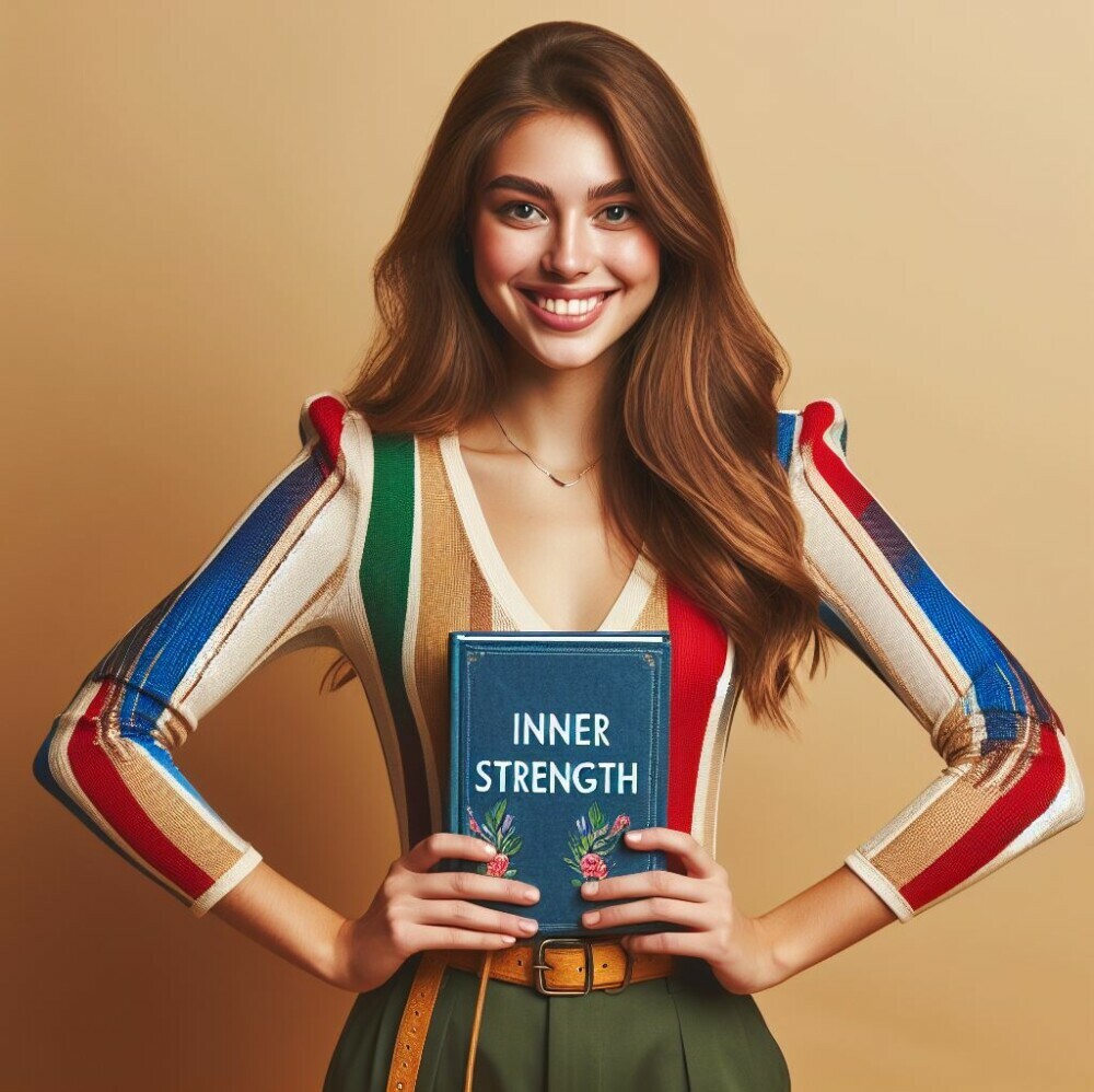 A young lady holding a book with a big smile