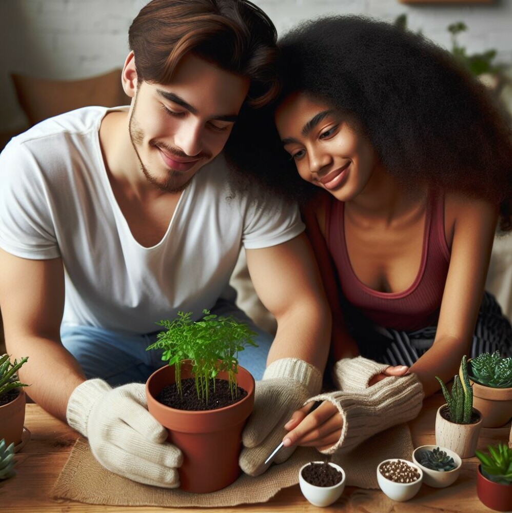 A couple repotting plants together