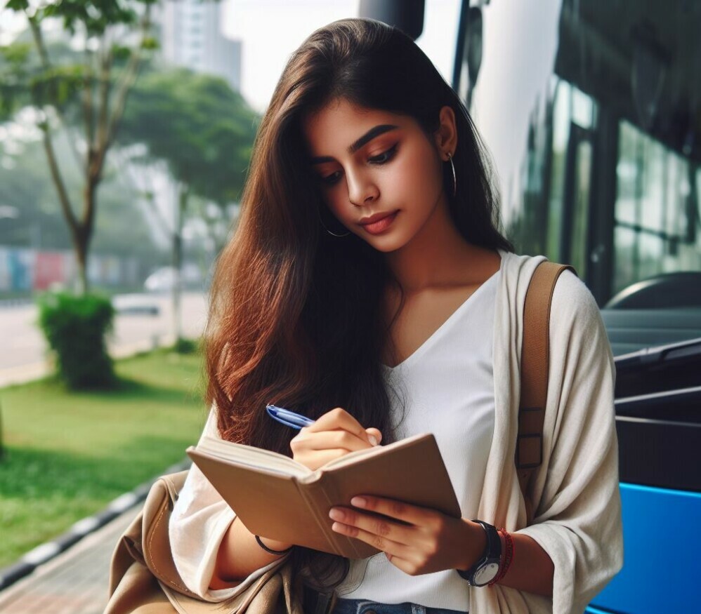 Girl writing in a journal in a standing position