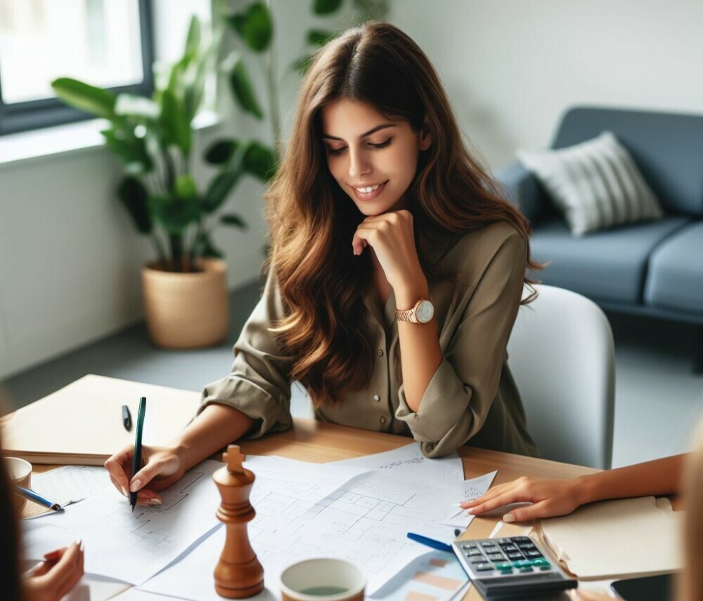 Young lady sitting at a table in a planning mode