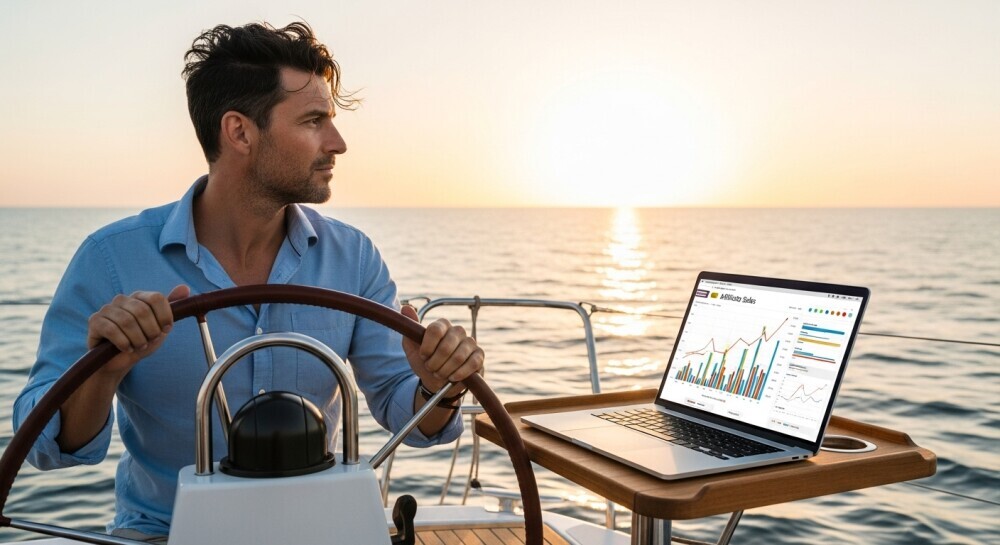 Entrepreneur steering a sailboat at sunrise with a laptop showing affiliate marketing success charts.