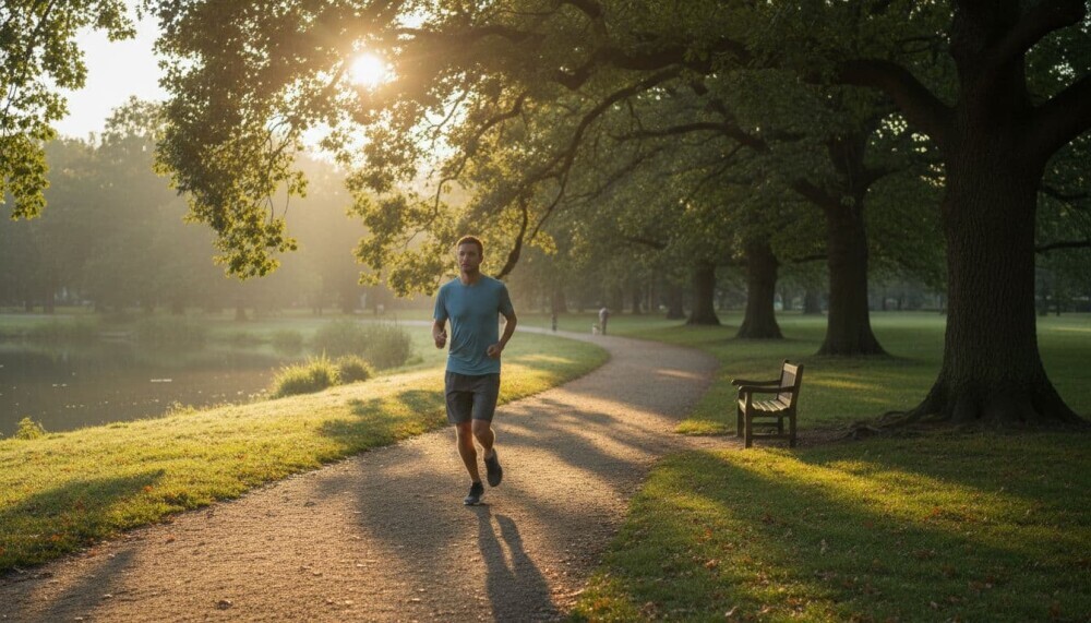 A man jogs through a quiet park as sunlight cuts through the trees. It’s a peaceful start to the day.
