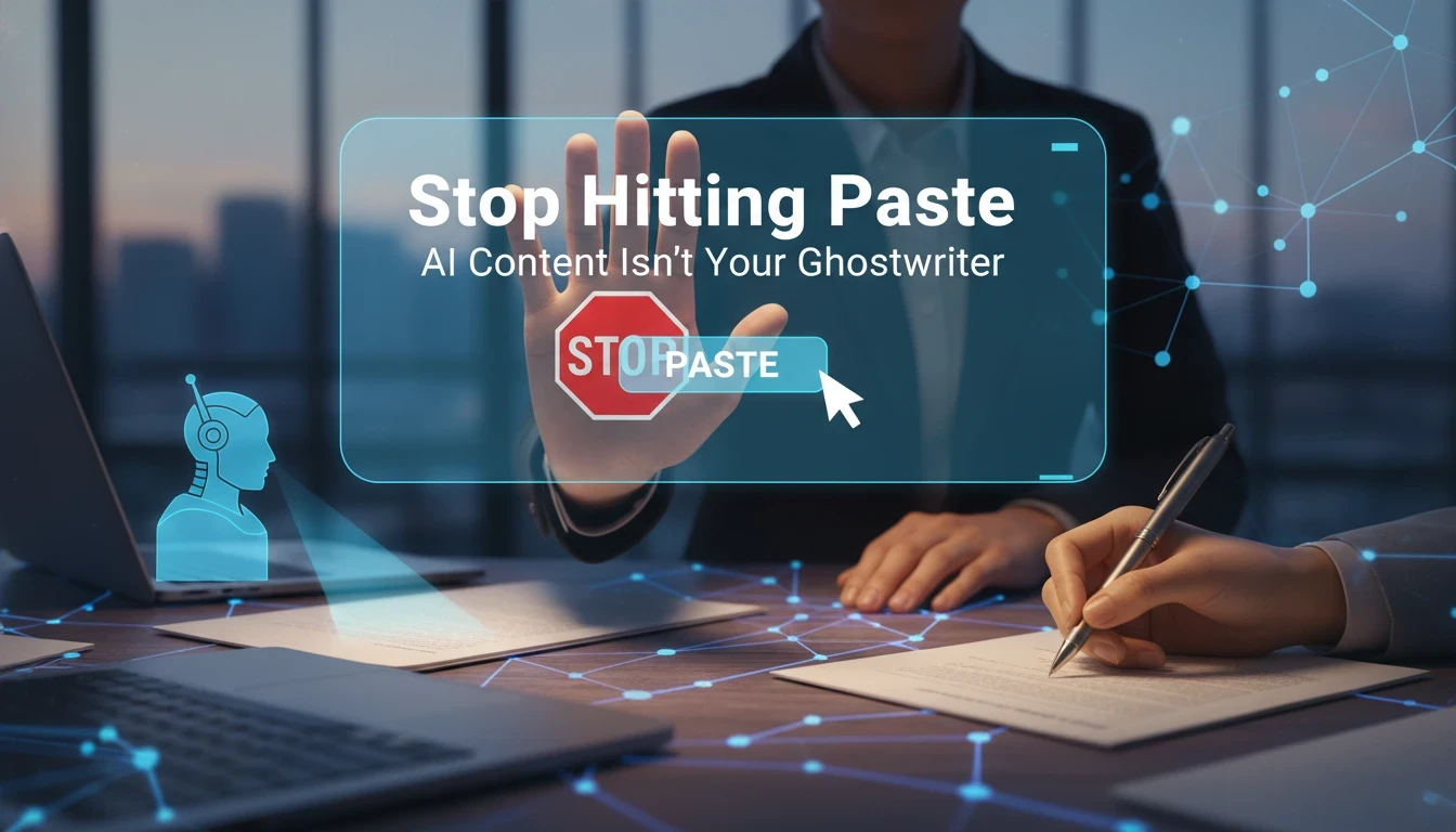 Person in a modern office holding up a hand to stop a digital “paste” action, with AI graphics nearby and someone writing by hand, showing a message about not copying AI content blindly.
