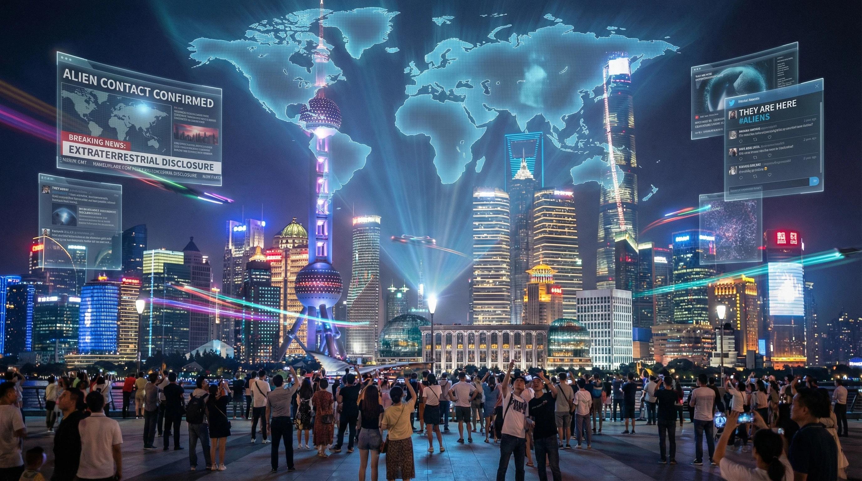 Global reaction to alien disclosure with news alerts and crowds watching the sky