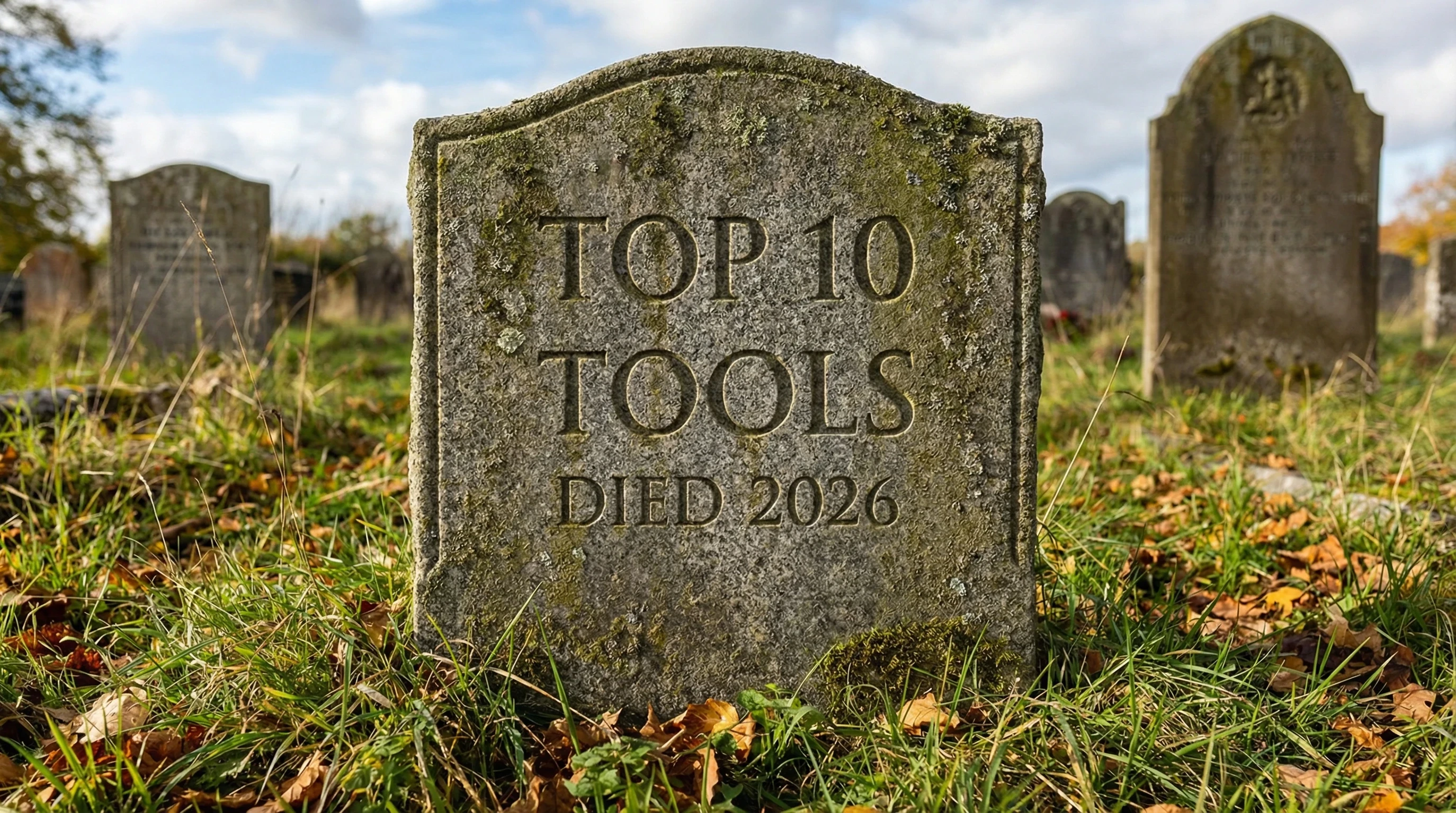 headstone in a cemetery that says top 10 tools died 2026