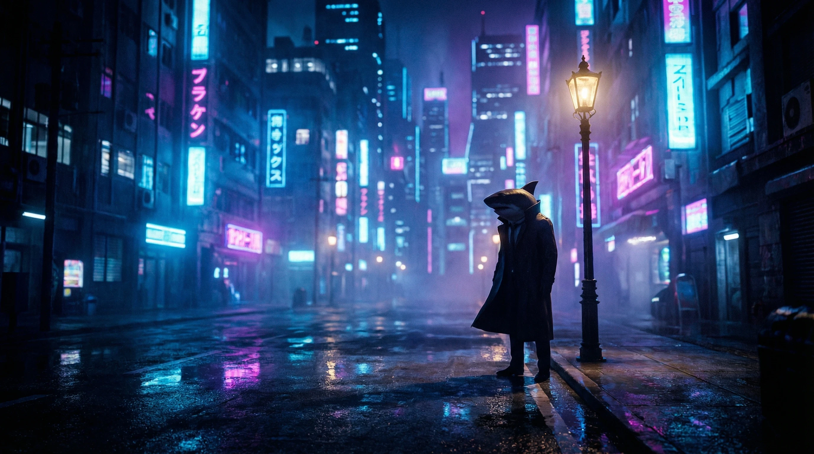 Shark in a trench coat on a vividly lit street on a rainy night.