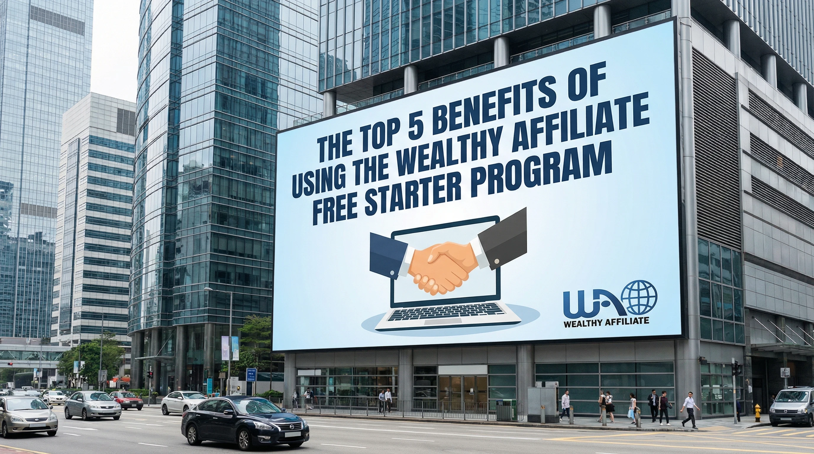 Huge billboard with the text, The Top 5 Benefits of Using the Wealthy Affiliate Free Starter Program
