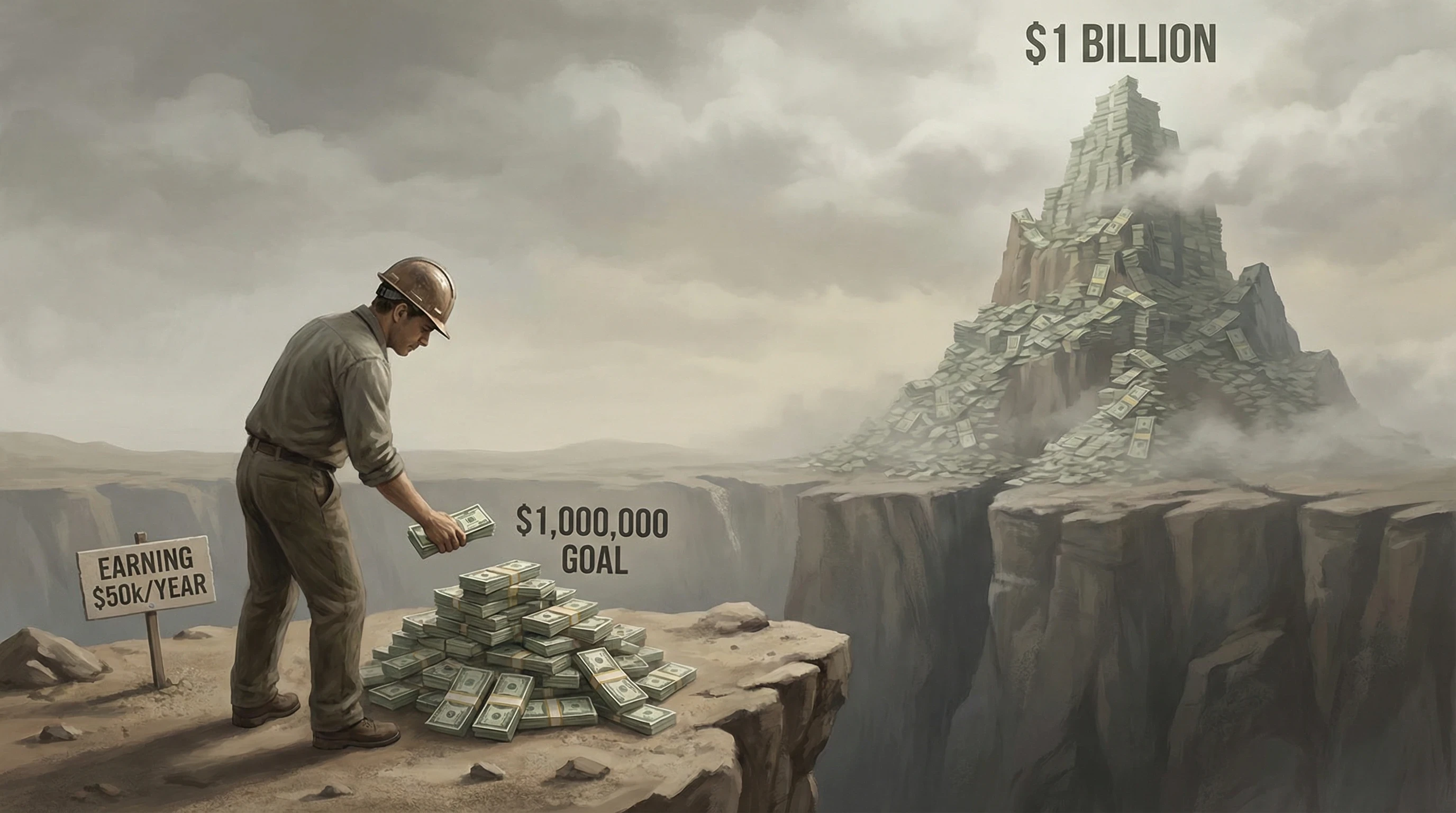 Visual showing the vast income gap between earning one million and one billion dollars.