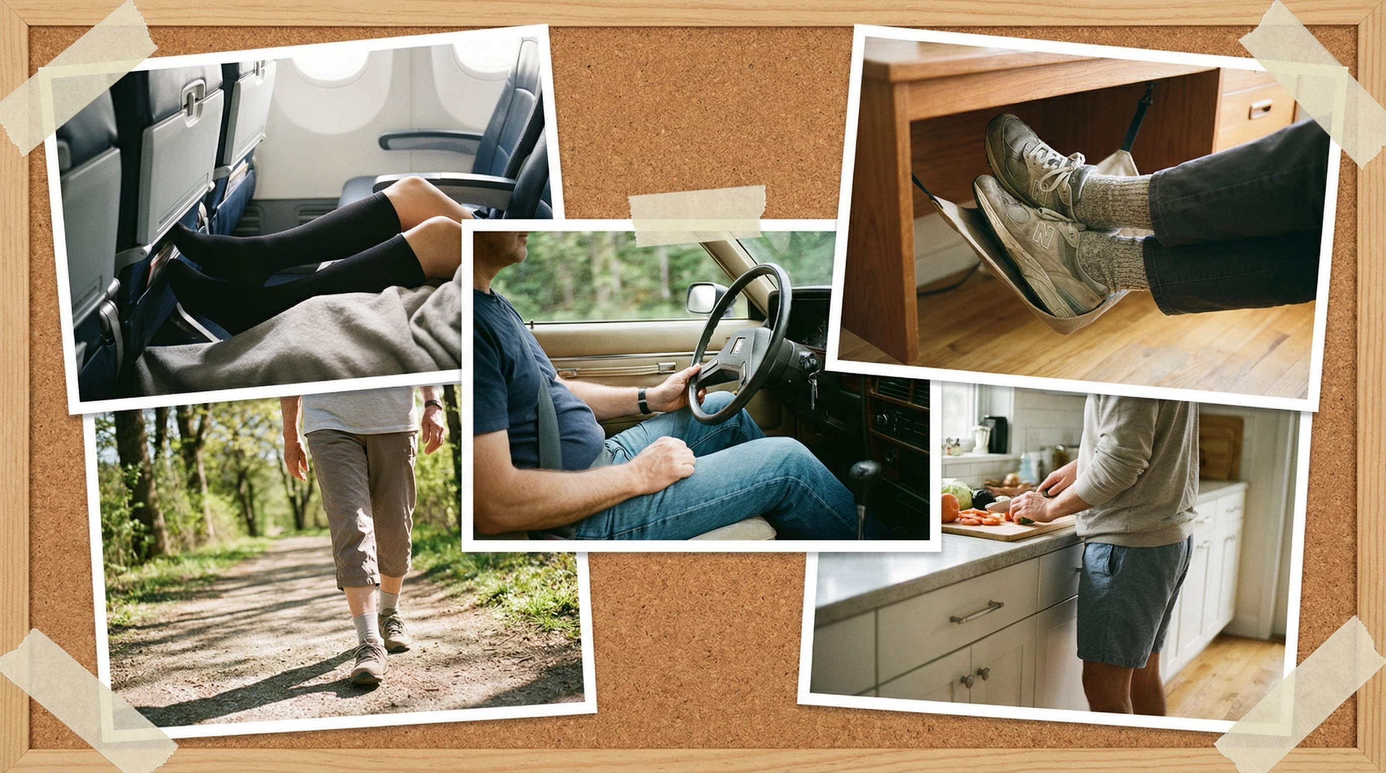 Everyday situations where people wear compression socks, like travel, desk work, driving, and walking.