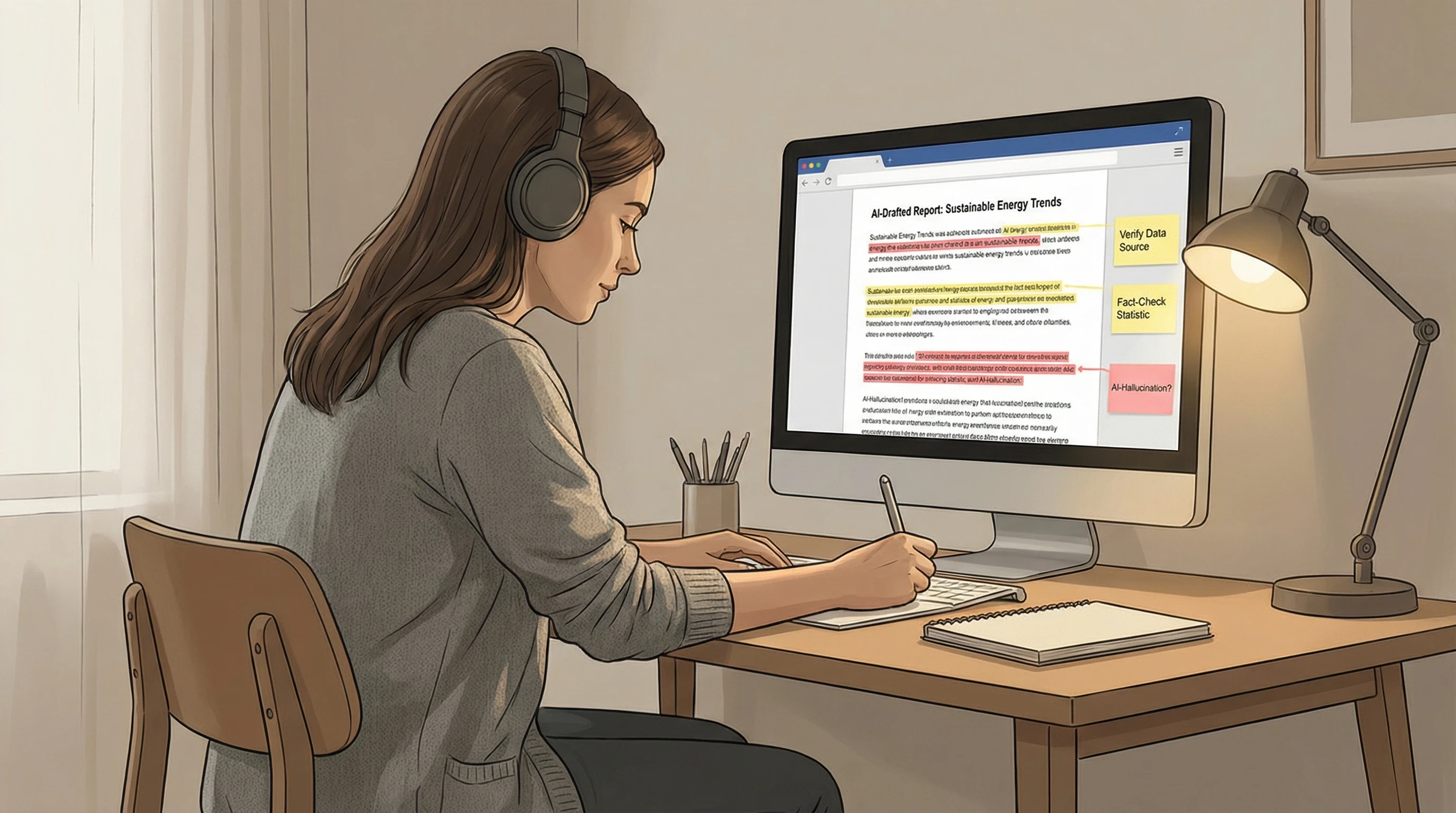 Content editor reviewing AI-generated text and marking sections that need fact-checking.