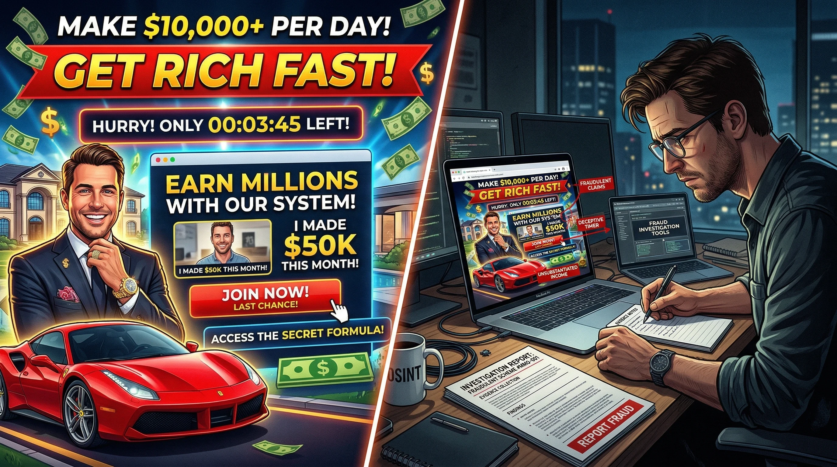 Split scene showing guru marketing funnel on one side and a person documenting evidence to report guru marketing scams.