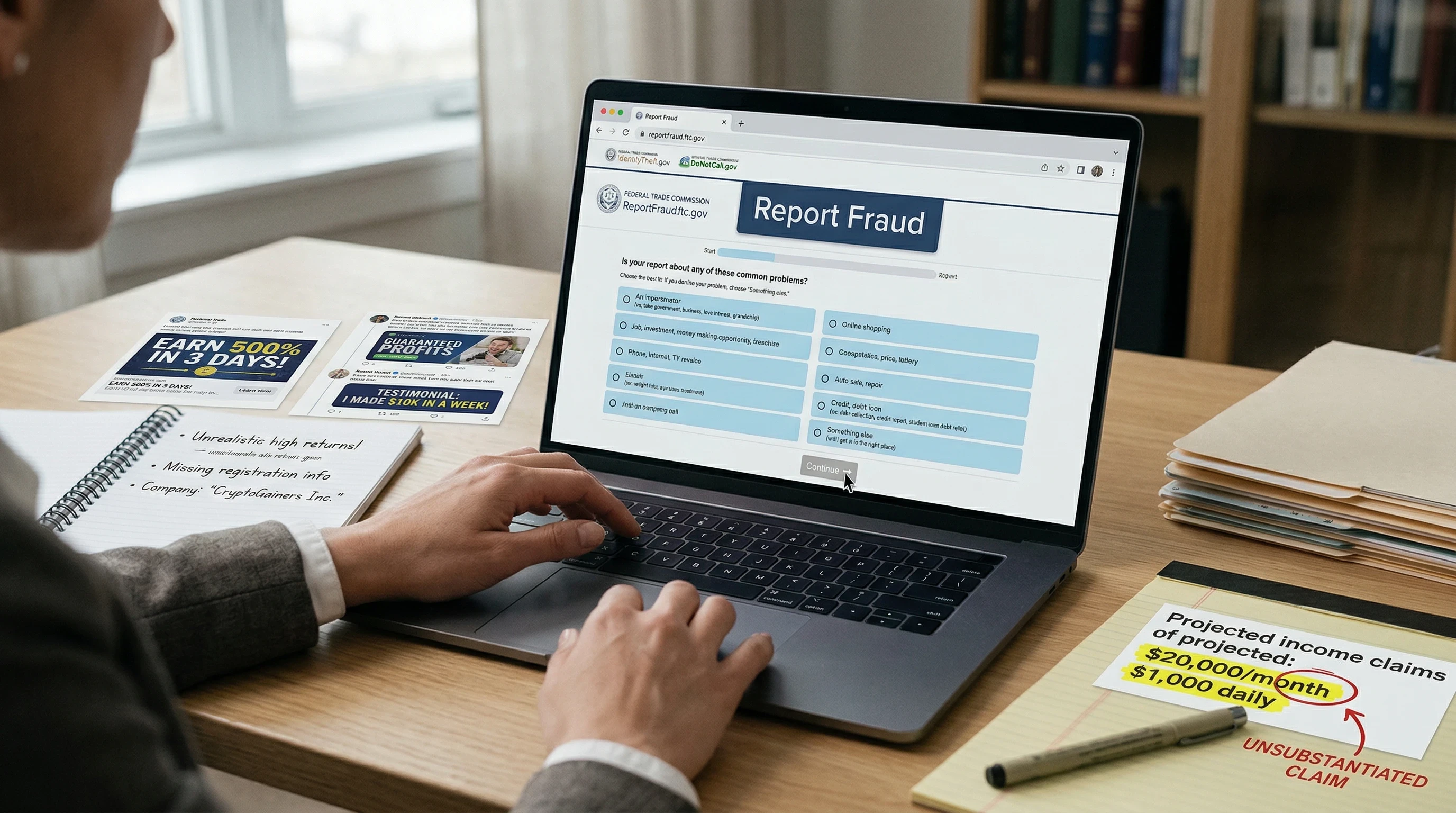Person submitting an online fraud report while documenting evidence of guru marketing scams.