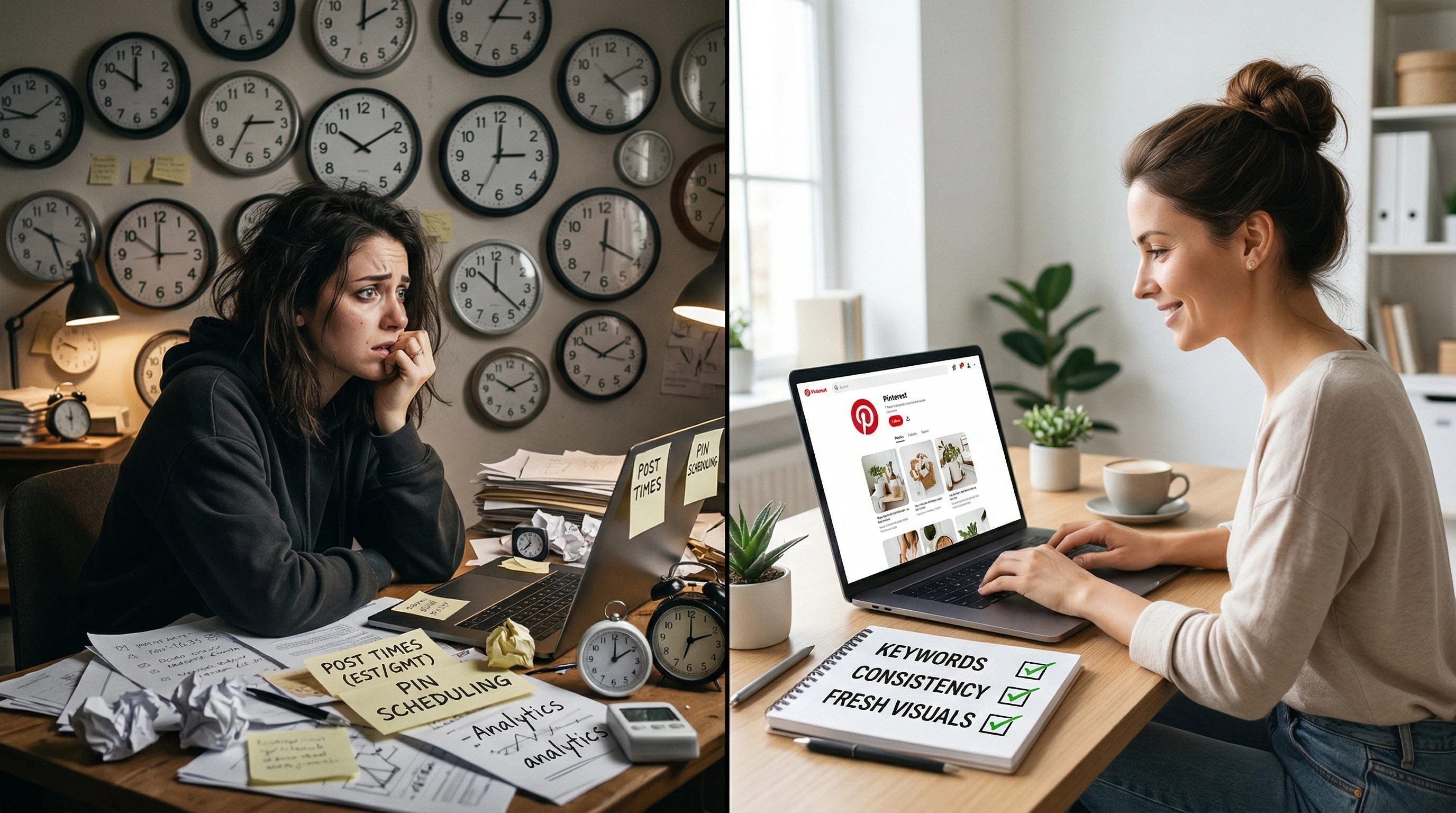 Pinterest strategy illustration showing timing vs consistency, keywords, and fresh visuals for better engagement