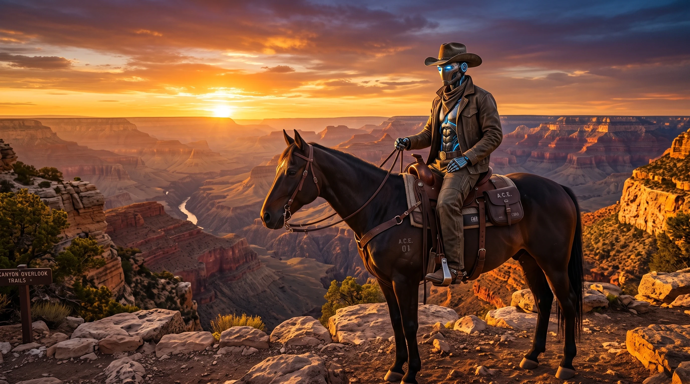 ACE sitting on a horse watching the sunset. 