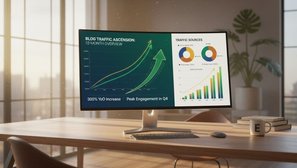 Curved computer monitor on a wooden desk displaying blog analytics charts. The left side shows a green upward-trending graph labeled ‘Blog Traffic Ascension: 12-Month Overview’ with 300% year-over-year increase and peak engagement in Q4. The right side displays pie charts and a bar graph illustrating traffic sources such as social media, search, and email. Sunlight filters through large windows in a modern office with plants and a coffee mug nearby.