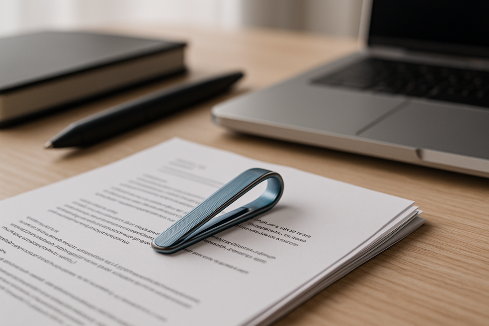 Close-up of a titanium paperclip holding reports on a clean desk