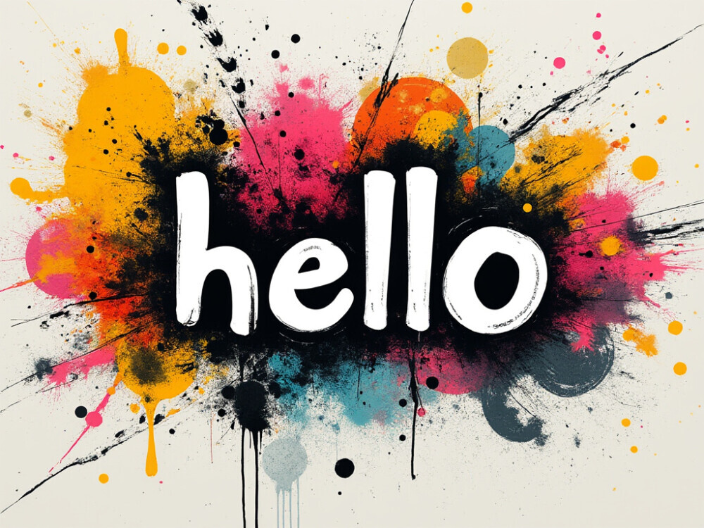 this is a sign that simply says hello in white with many splattered colors behind it. 