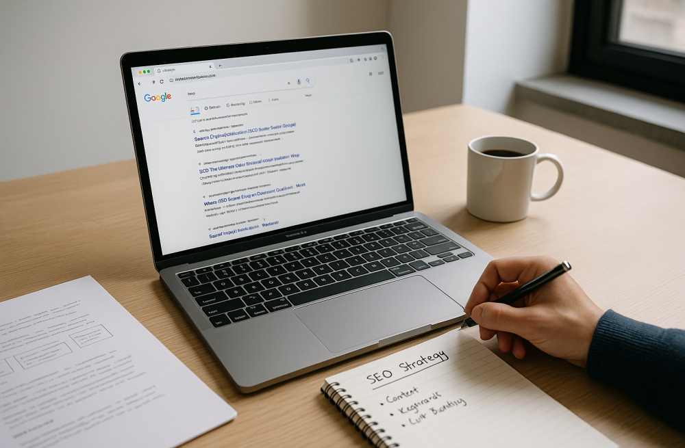 Person working on SEO strategy in 2025 with Google search results open on a laptop in a modern workspace.
